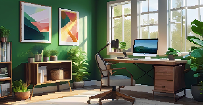 A cozy home office with a wooden desk, laptop, and plants, illuminated by sunlight through a window.