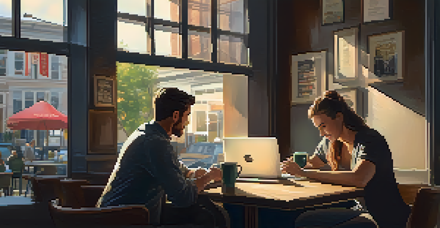 Two professionals having a deep conversation in a cozy coffee shop, surrounded by warm sunlight and a relaxed atmosphere.