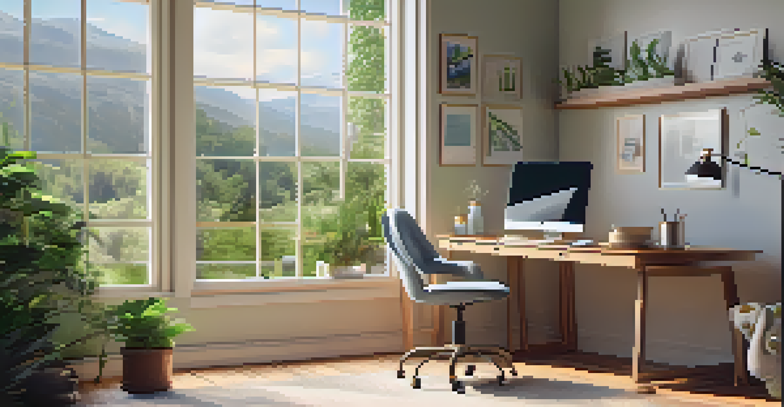 A cozy workspace with a chair, laptop, and coffee, overlooking a peaceful natural scene.