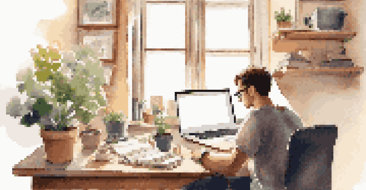An individual writing a blog post on a laptop at a cozy desk filled with notebooks and coffee, illuminated by soft lighting.
