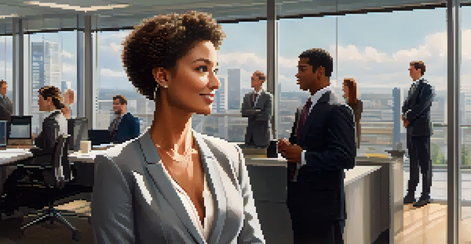 A confident woman in business attire giving a presentation in a modern office, with colleagues listening.