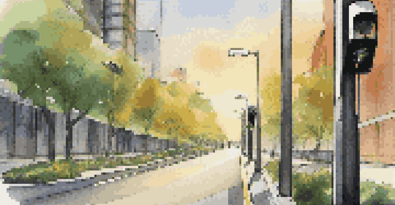 A detailed view of a smart streetlight with sensors in a city, showcasing modern technology amidst a green urban setting.