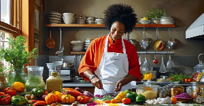 A chef in a colorful kitchen experimenting with fresh ingredients to create a signature dish.