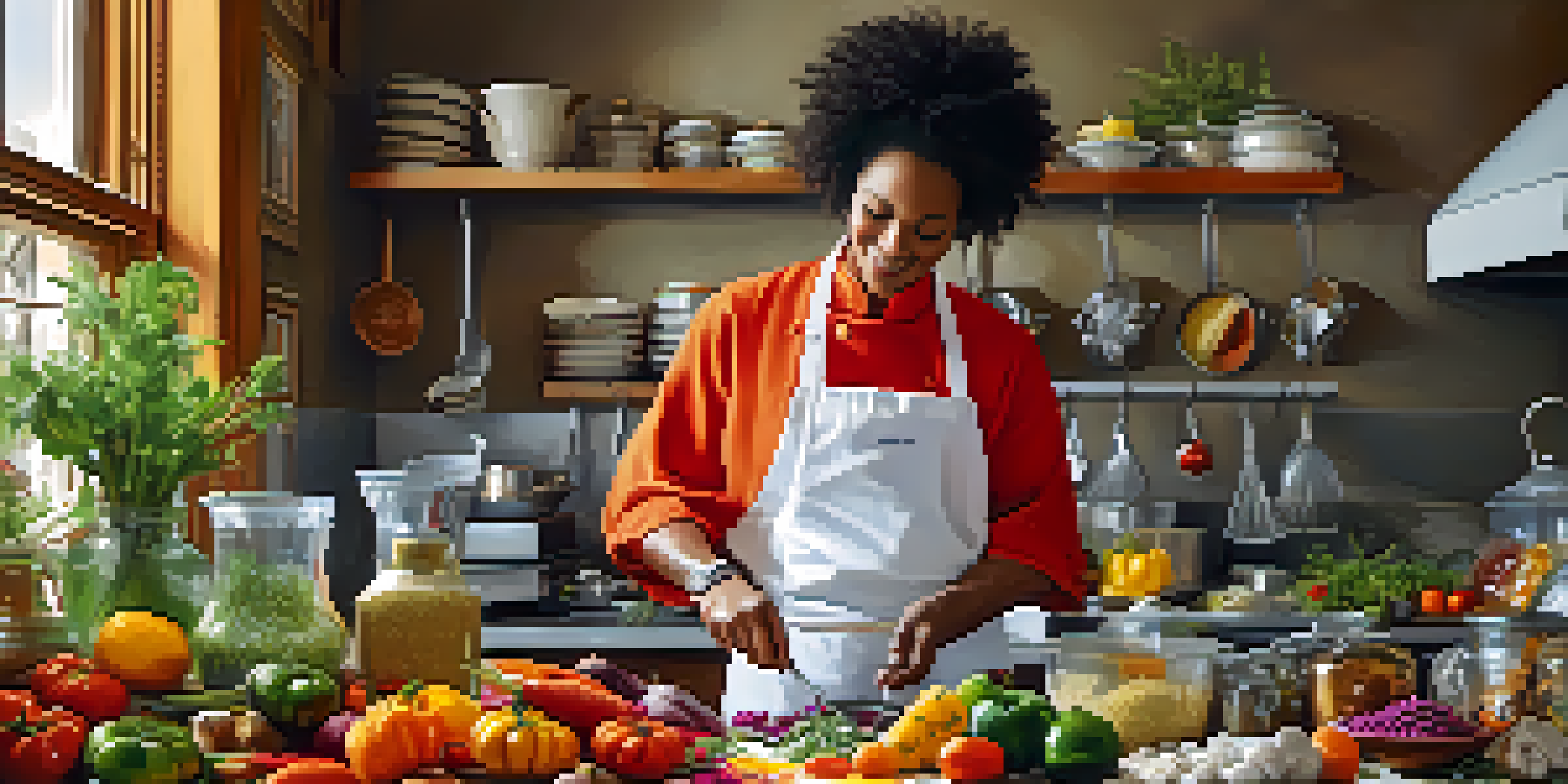 A chef in a colorful kitchen experimenting with fresh ingredients to create a signature dish.
