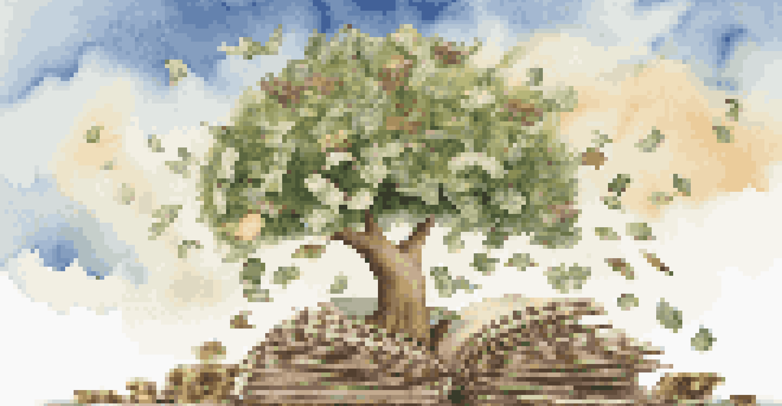 A tree made of dollar bills and coins growing from books on retirement accounts against a bright sky.