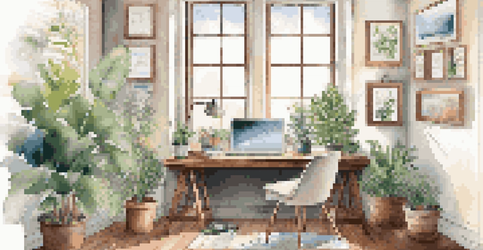 A calm office workspace featuring a wooden desk with a laptop, notepad, and plant, illuminated by soft natural light from a large window.