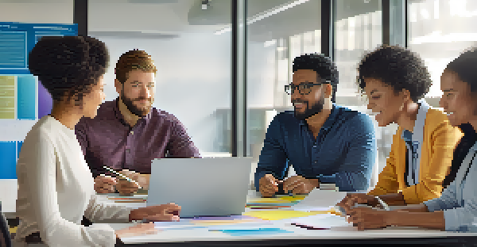 A diverse group of employees from various ethnic backgrounds collaborating at a conference table, with bright natural light and colorful materials present.