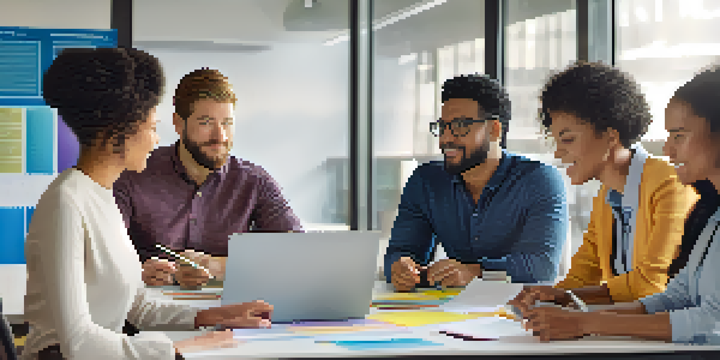 A diverse group of employees from various ethnic backgrounds collaborating at a conference table, with bright natural light and colorful materials present.
