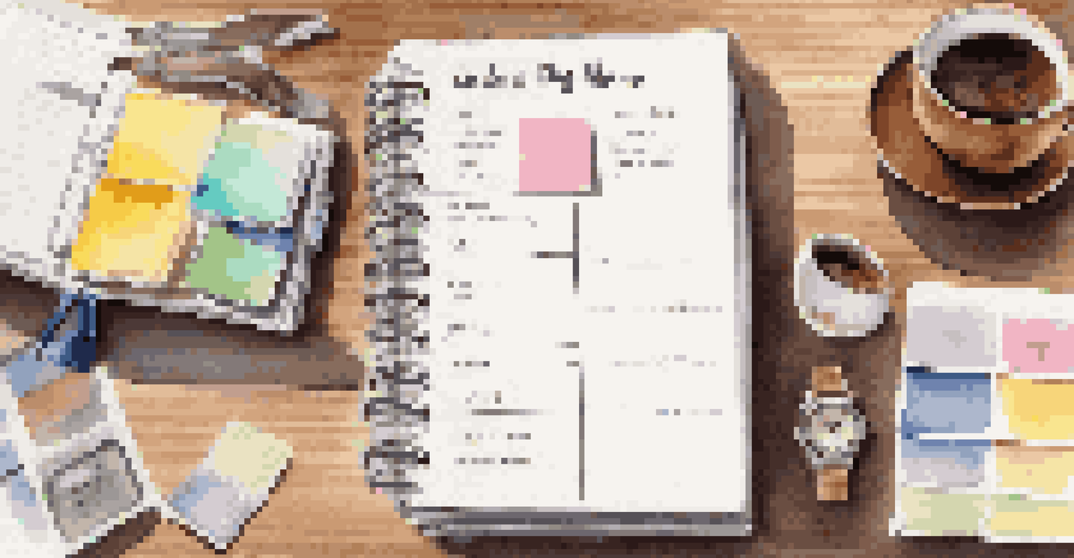 A daily planner on a wooden desk with coffee, clock, and colorful sticky notes.