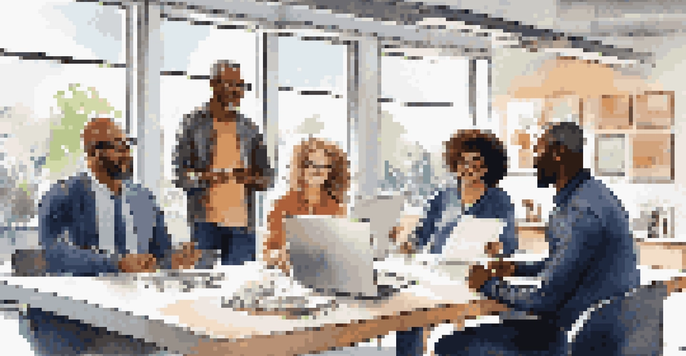 A diverse group of employees working together in an office, representing various ages and backgrounds.