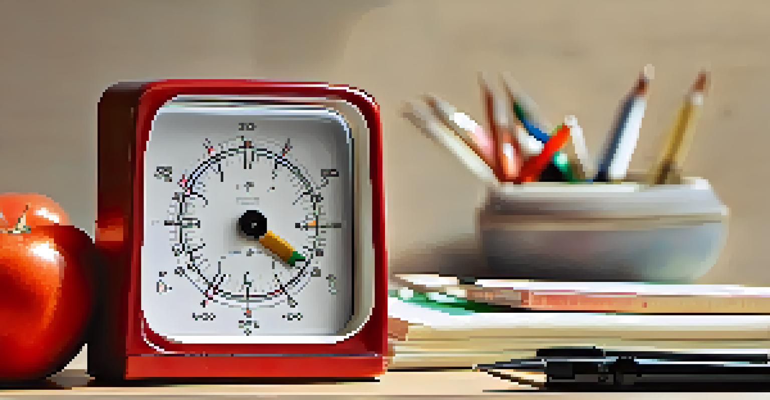 A close-up of a colorful timer for the Pomodoro Technique next to a notebook and pen on a desk.