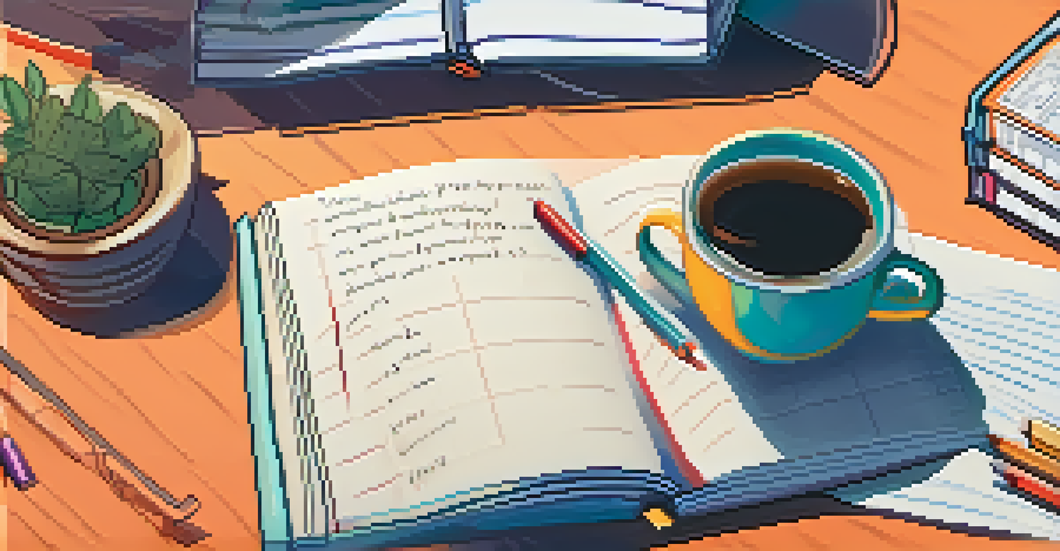 A close-up of a hand writing in a journal with a cup of coffee, showing SMART goals, and a vision board in the background.