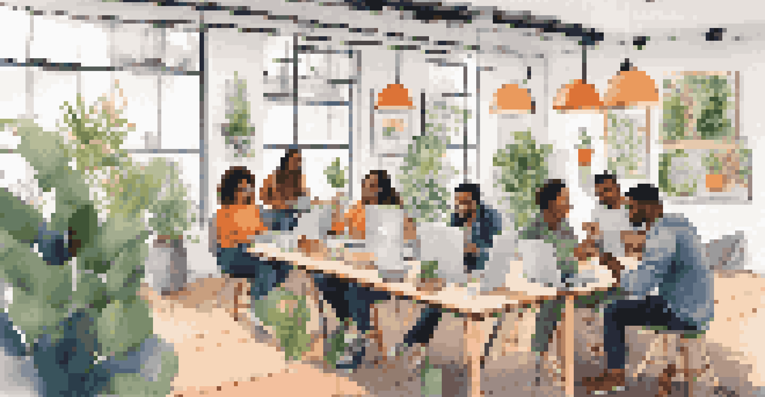 A lively coworking space with diverse freelancers collaborating, laptops open, and surrounded by plants.