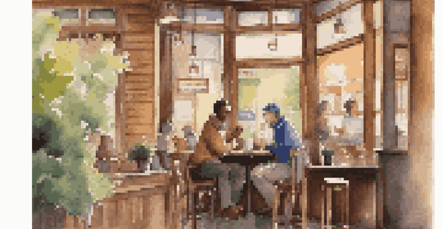 Two volunteers chatting over coffee in a cozy coffee shop, surrounded by warm lighting and a view of a bustling street outside.