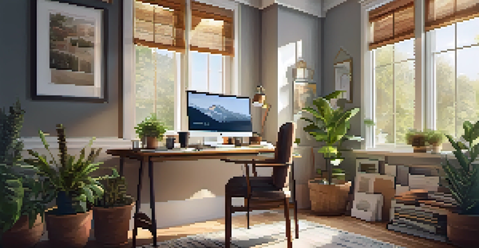 A cozy home office with a wooden desk, laptop, coffee cup, notepad, and plants, illuminated by natural light from a window.