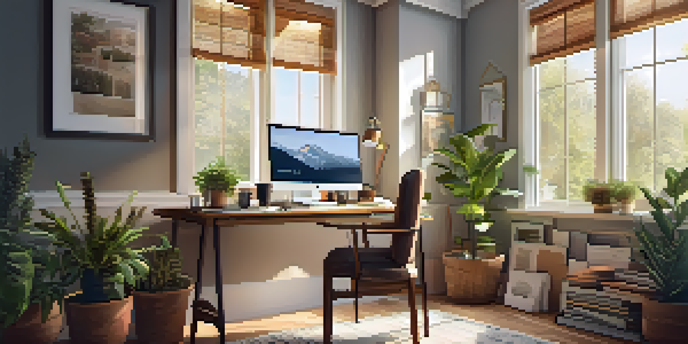 A cozy home office with a wooden desk, laptop, coffee cup, notepad, and plants, illuminated by natural light from a window.