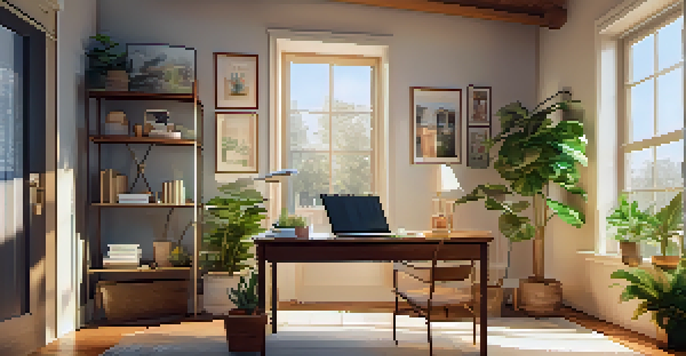 A cozy home office with a desk and laptop, complemented by a plant and coffee, illuminated by warm sunlight.