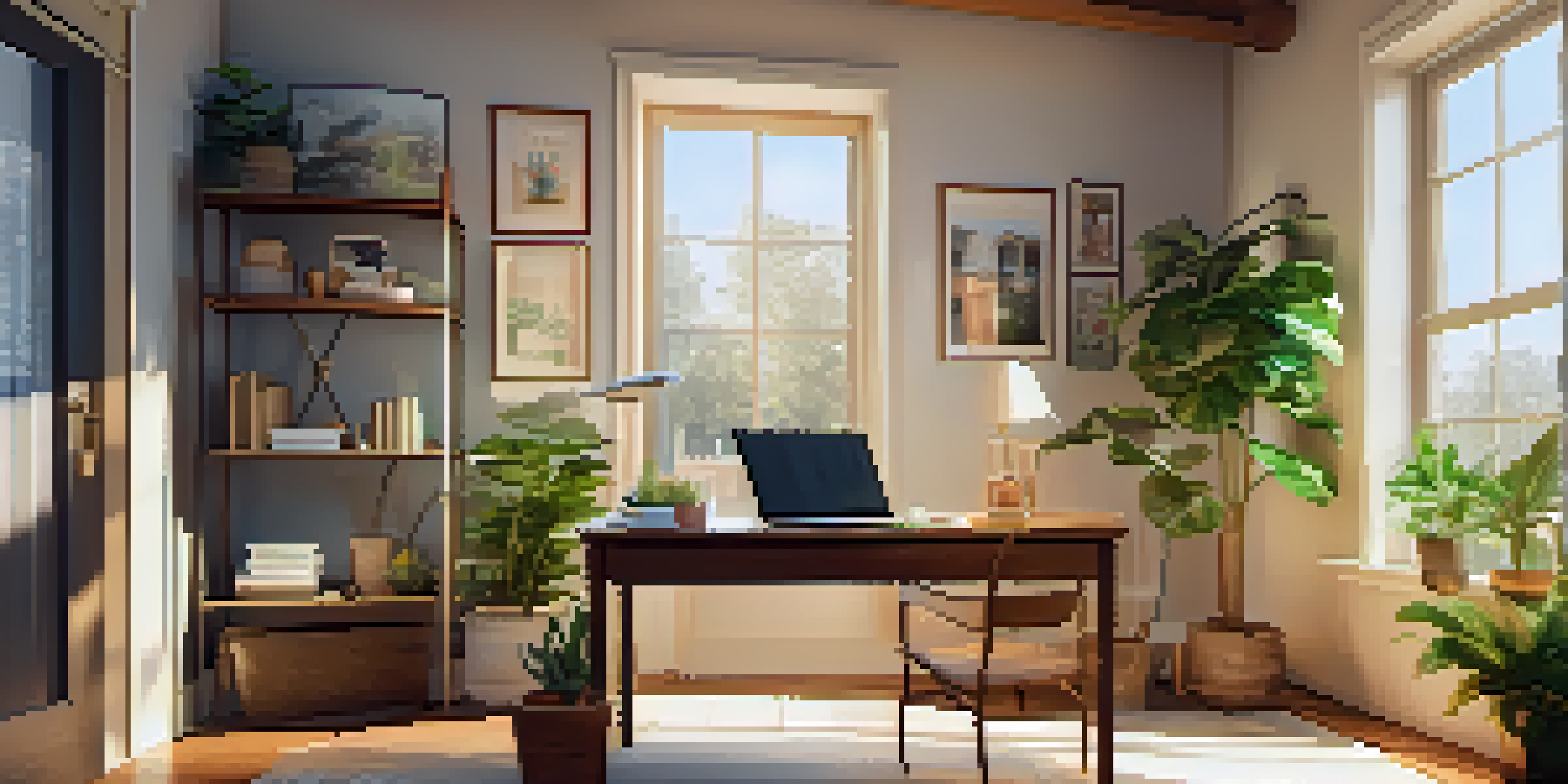 A cozy home office with a desk and laptop, complemented by a plant and coffee, illuminated by warm sunlight.