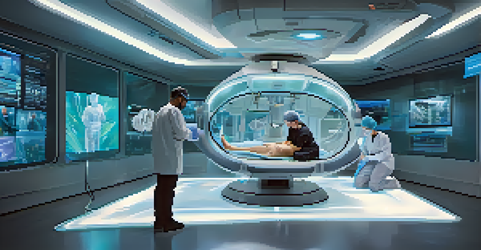 A medical professional in a virtual training session practicing surgery on a 3D holographic patient in a high-tech environment.