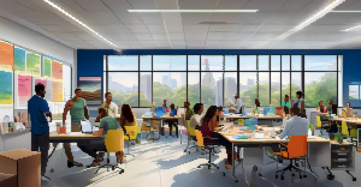 An open office space with employees engaged in a training session on diversity and inclusion.