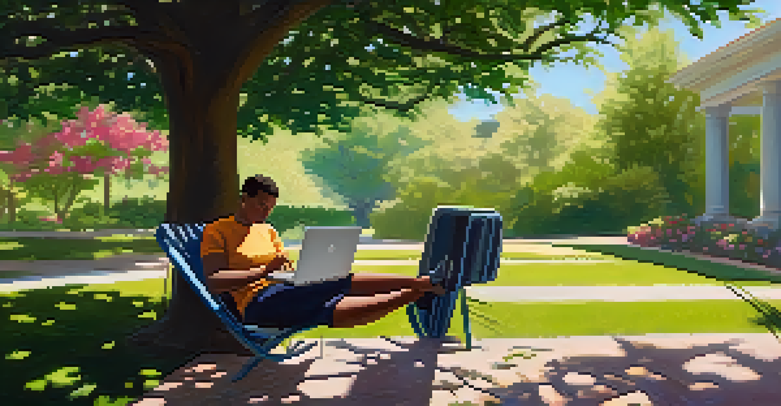 An employee working on a laptop in a peaceful outdoor setting under a tree, illustrating remote work flexibility.