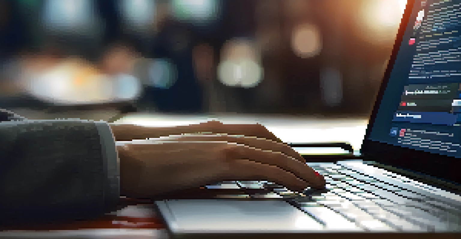 A close-up of a hand typing on a keyboard, with a job alert notification visible on the laptop screen in a warm-lit environment.