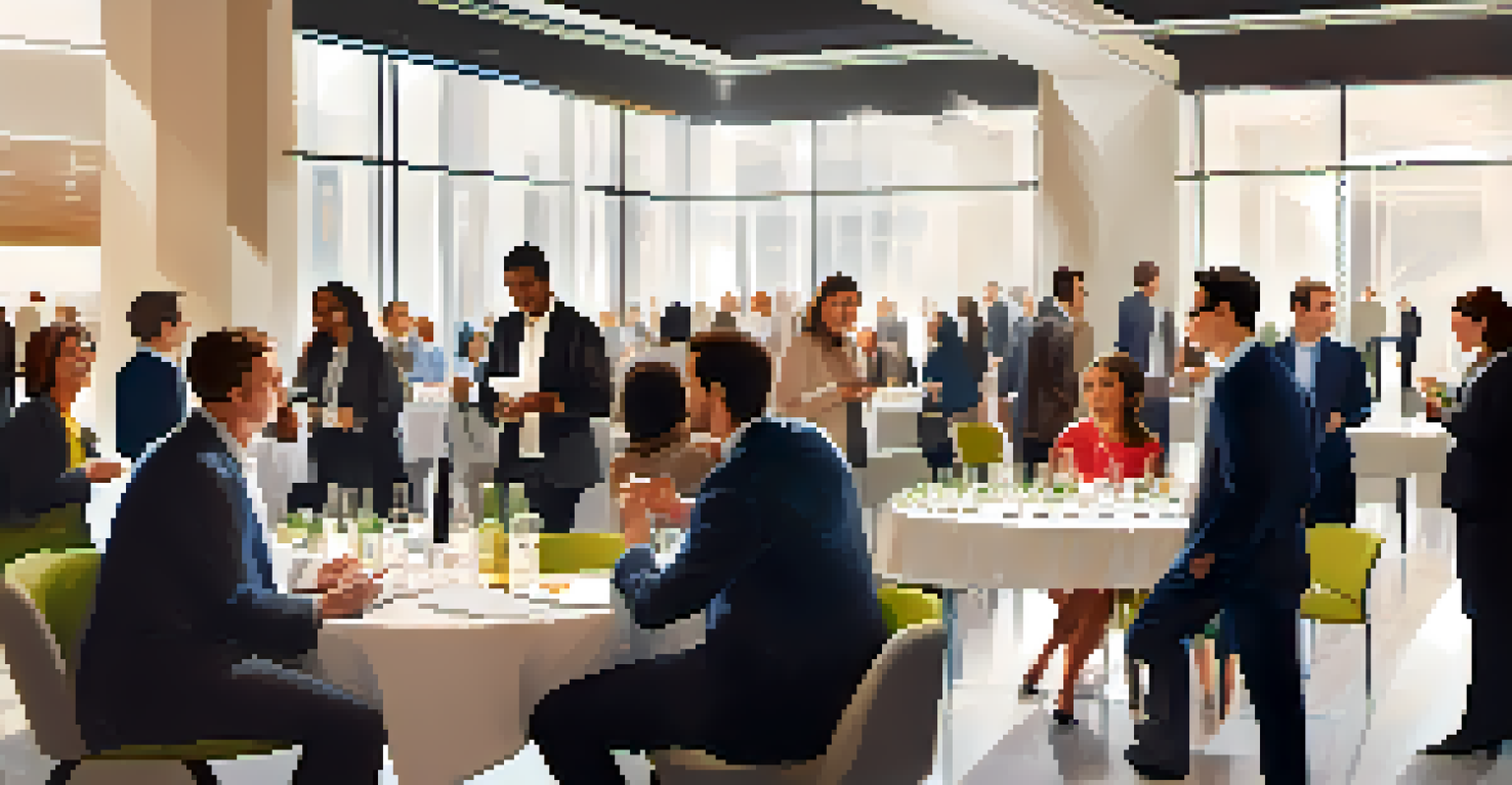A lively networking event with diverse professionals interacting and exchanging business cards in a bright conference hall.