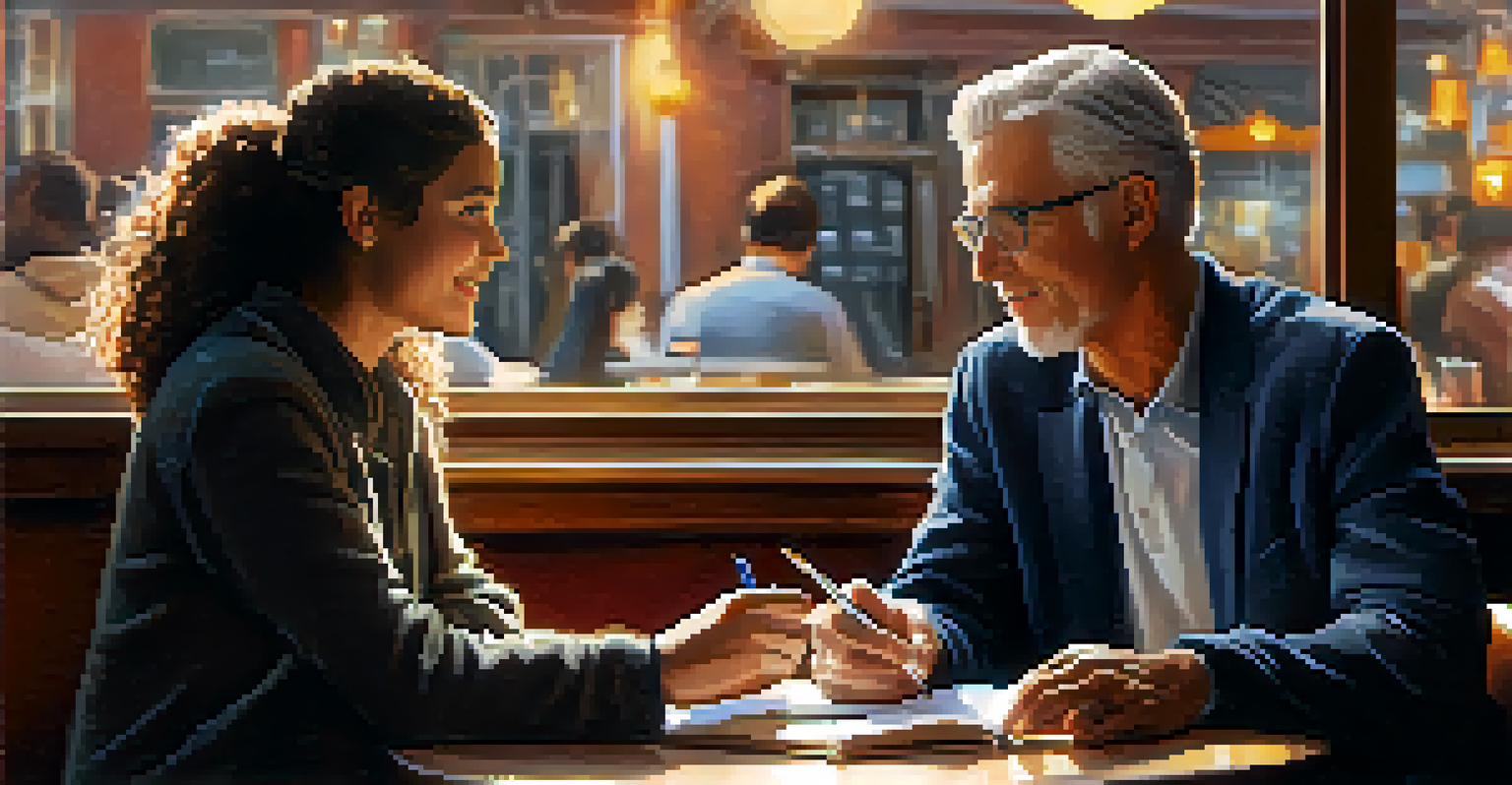 A mentor and mentee having a meaningful conversation in a café, with warm lighting and coffee cups on the table.