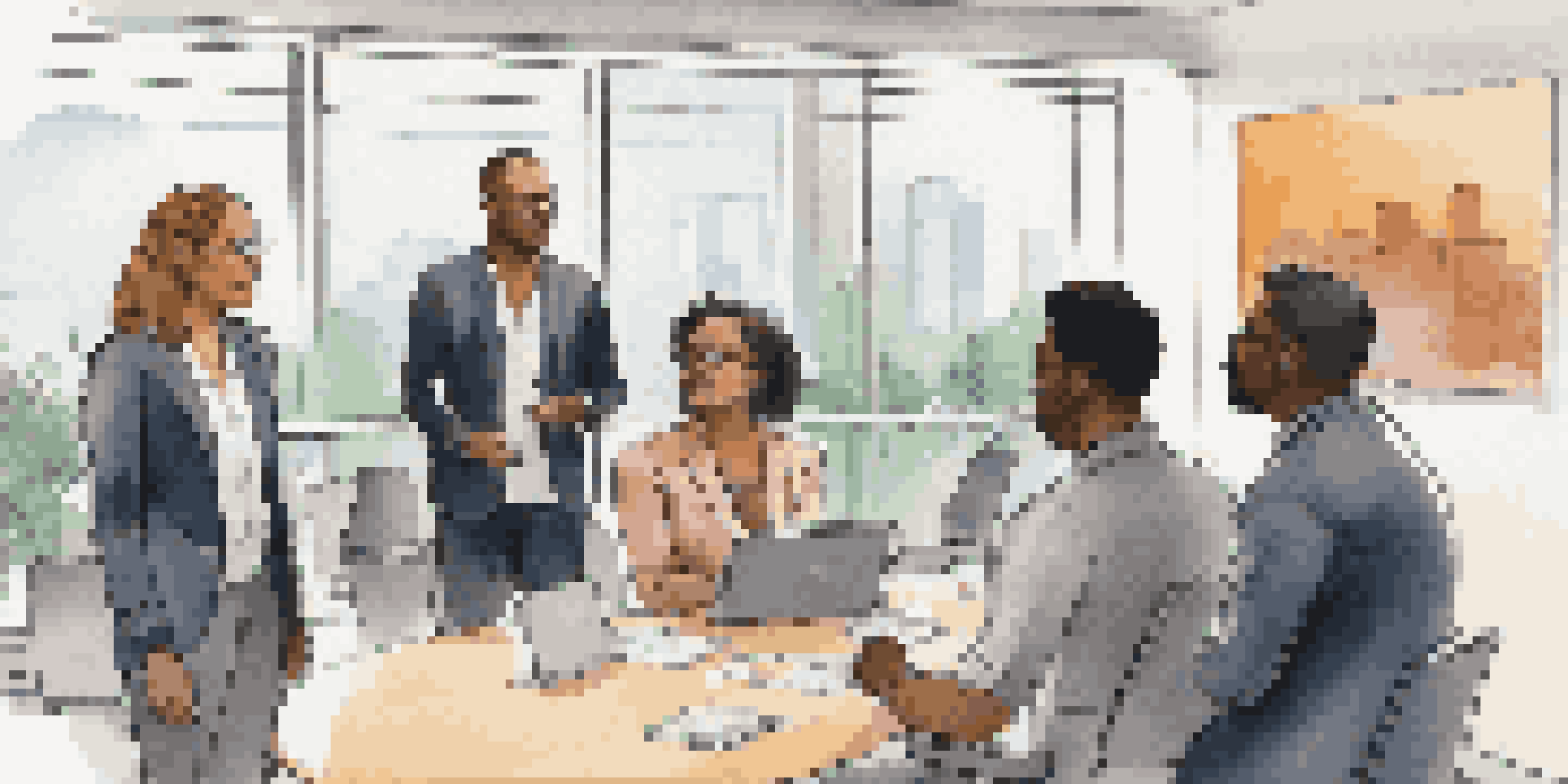 A diverse group of professionals discussing in a modern conference room with natural light, showcasing a vibrant networking atmosphere.