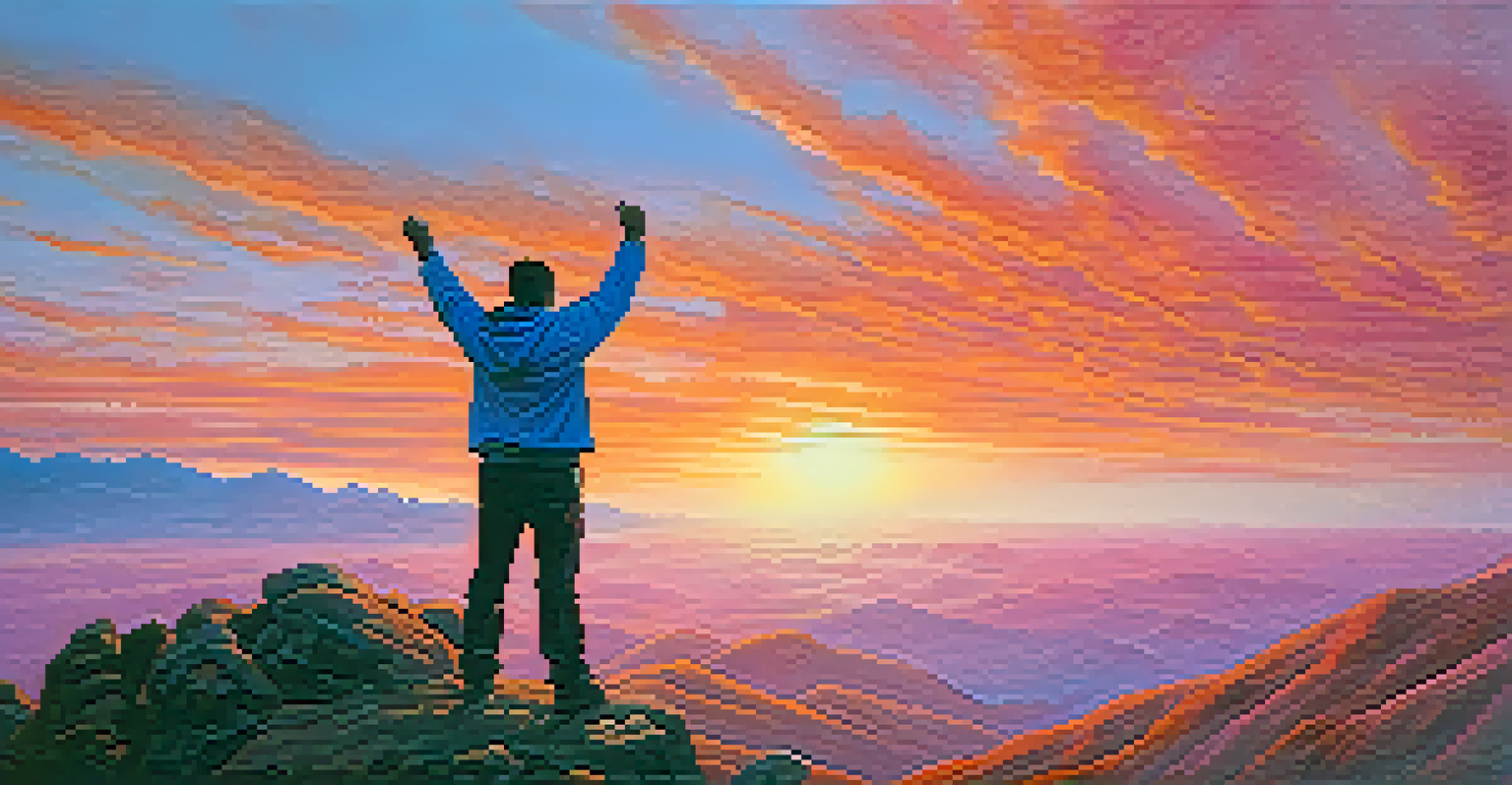 A person celebrating on a mountain peak at sunrise, with arms raised against a colorful sky, symbolizing success.