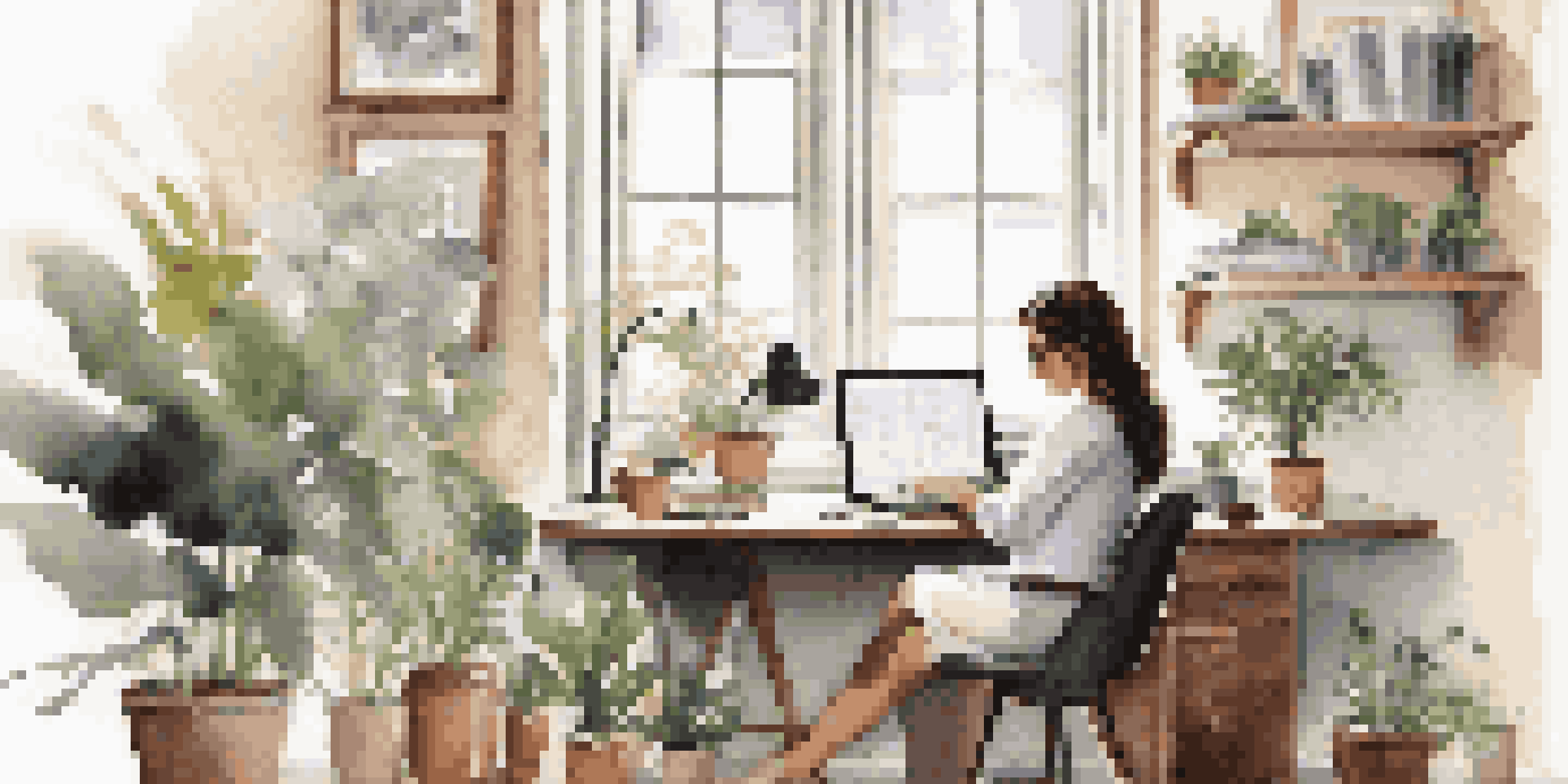 A woman working in a bright home office, surrounded by plants and natural light, with a laptop and coffee cup on her desk.
