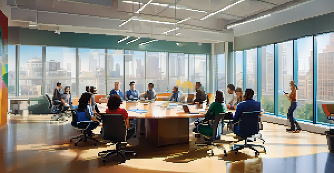 A diverse group of employees in a bright office discussing ideas around a conference table, surrounded by natural light and colorful artwork.