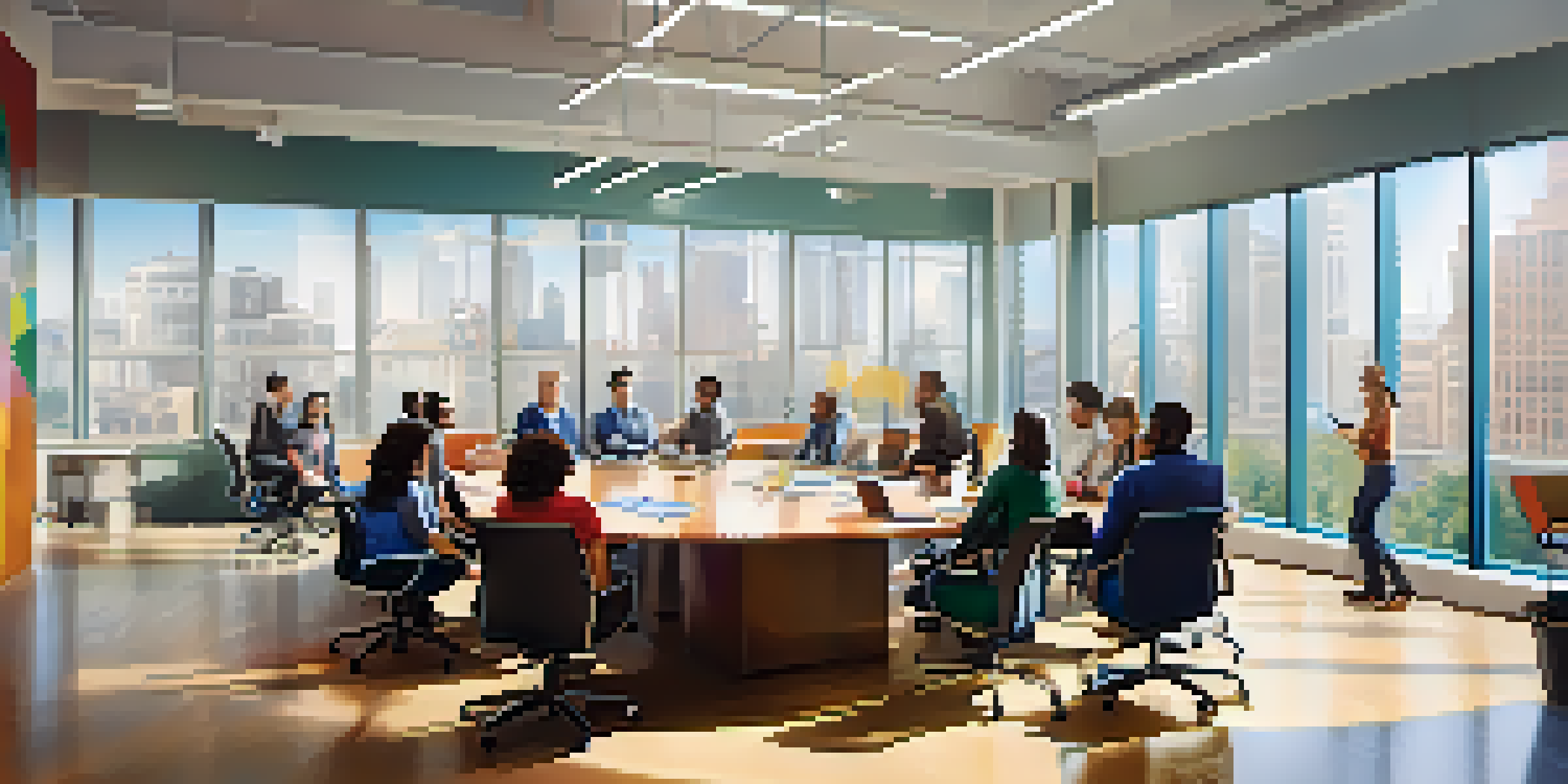 A diverse group of employees in a bright office discussing ideas around a conference table, surrounded by natural light and colorful artwork.