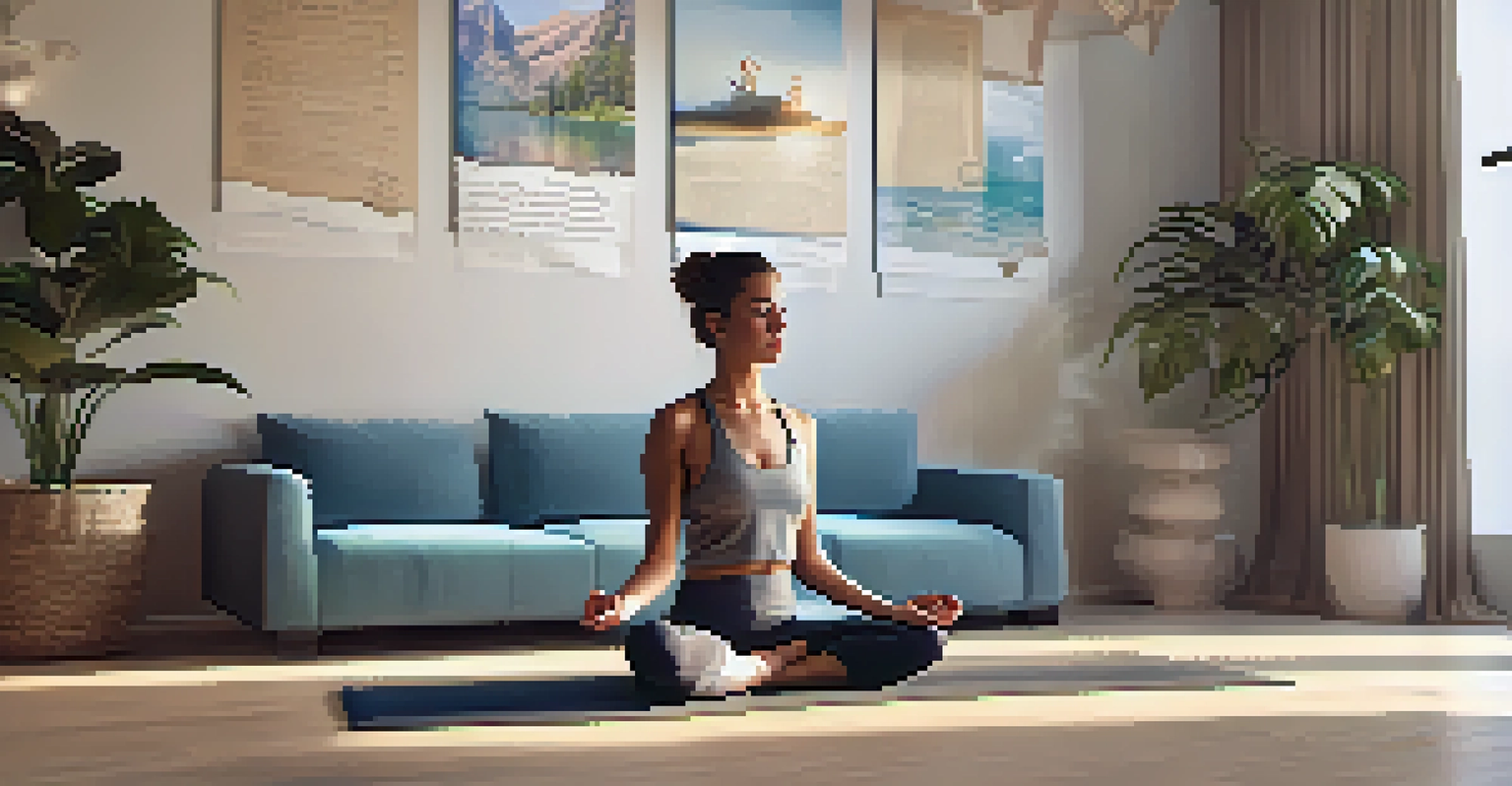A person meditating on a yoga mat in a softly lit room with motivational quotes, promoting personal boundaries and mindfulness.