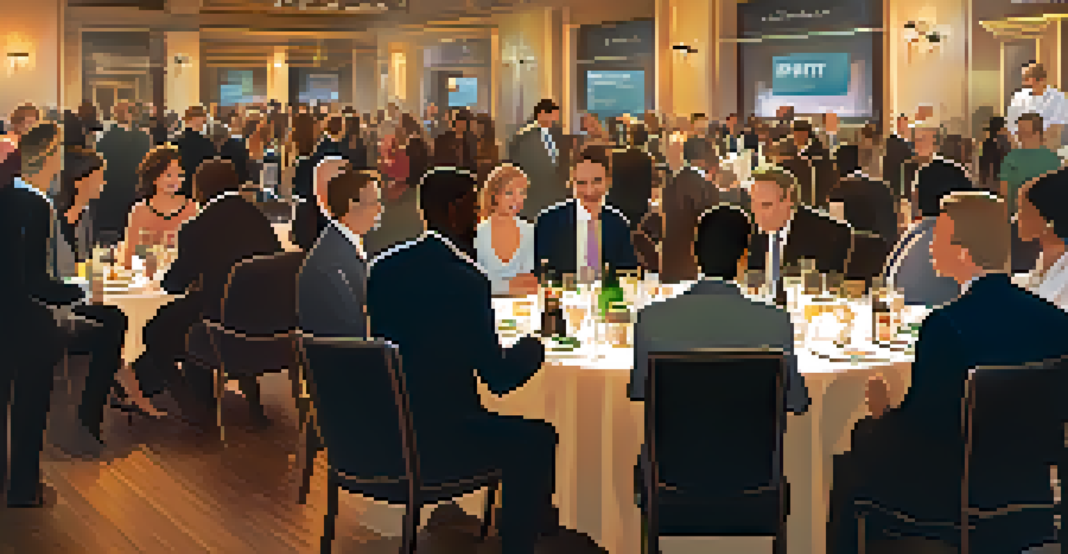 A vibrant networking event with diverse professionals chatting, surrounded by refreshments and company banners in a warmly lit environment.