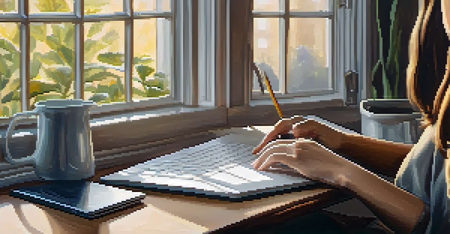 A close-up view of a person typing on a laptop with coffee and a notebook on the desk.