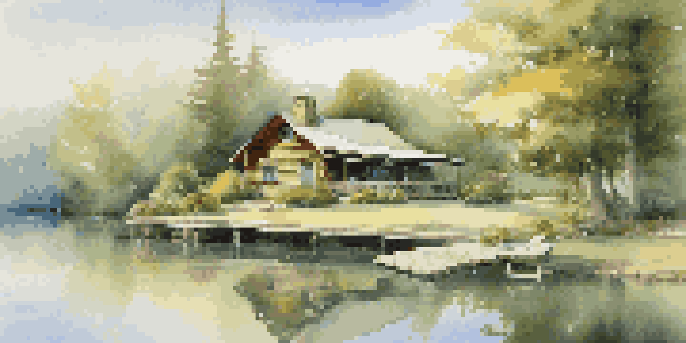 A peaceful retirement setting with a wooden cabin, green trees, and a tranquil lake under a clear blue sky.
