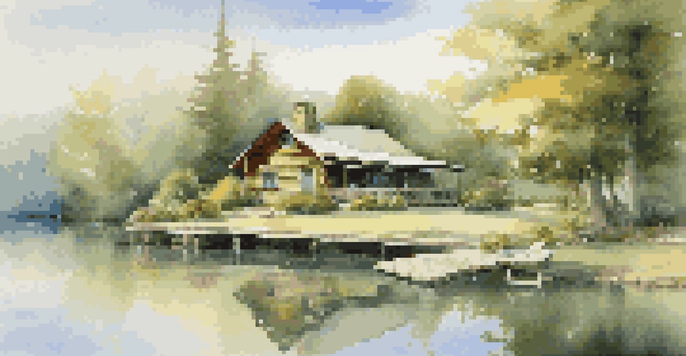 A peaceful retirement setting with a wooden cabin, green trees, and a tranquil lake under a clear blue sky.