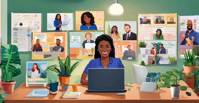 A lively team video call with diverse colleagues on a laptop screen. The background features an organized office environment with plants and motivational posters.