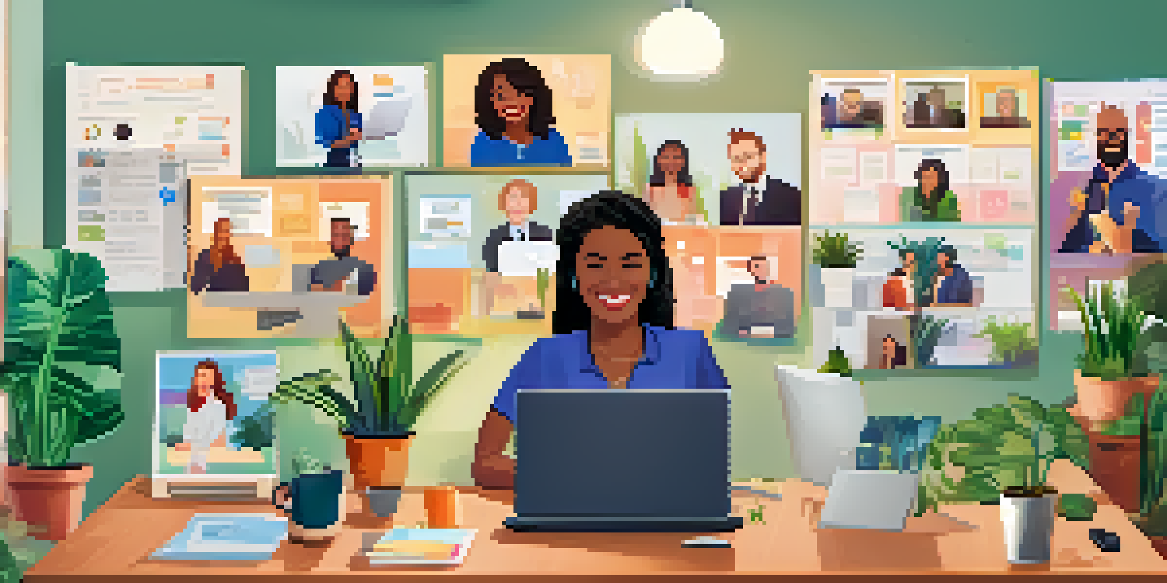 A lively team video call with diverse colleagues on a laptop screen. The background features an organized office environment with plants and motivational posters.
