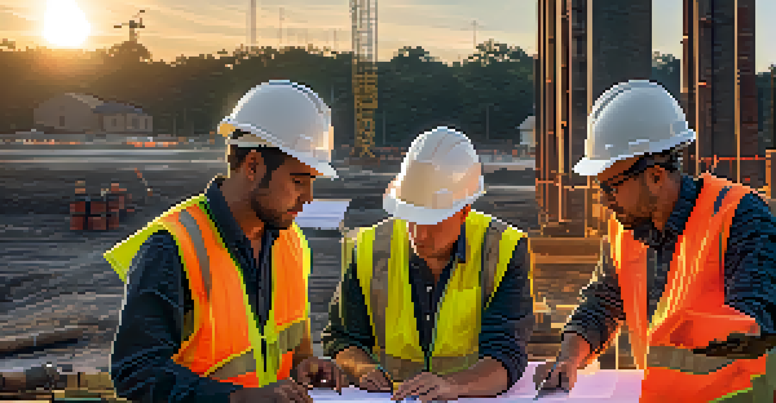 Construction workers in safety gear collaborating over a blueprint at sunset.
