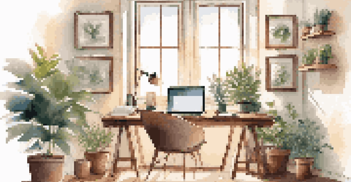 A modern home office with a laptop, coffee cup, and a potted plant, illuminated by natural light.