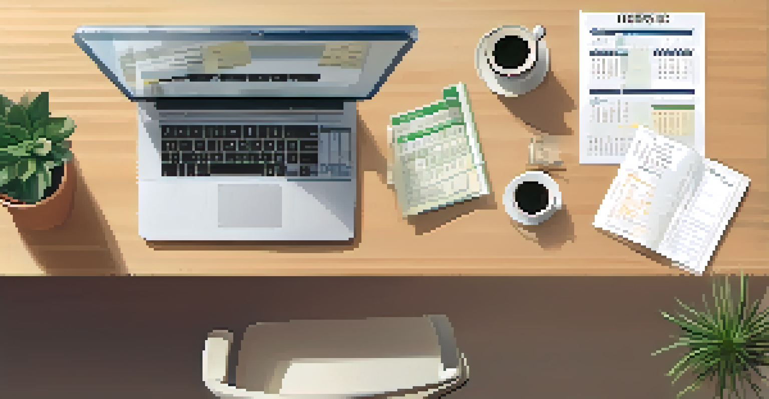 An overhead view of a tidy home workspace with a laptop and tax documents, bathed in natural light.