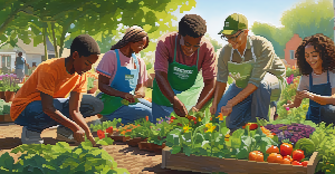 A diverse group of volunteers collaborating in a community garden, planting flowers and vegetables under bright sunlight.
