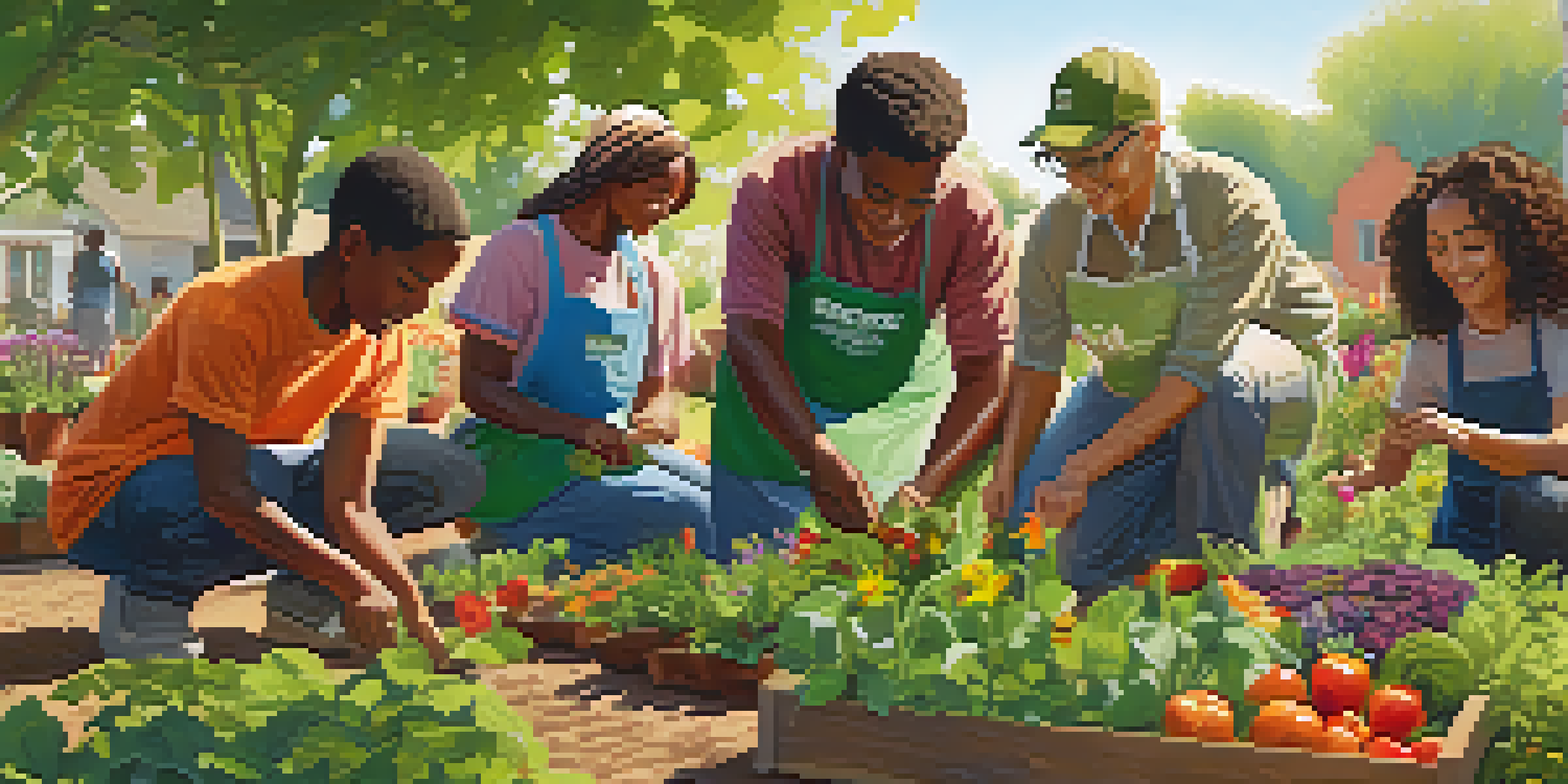 A diverse group of volunteers collaborating in a community garden, planting flowers and vegetables under bright sunlight.