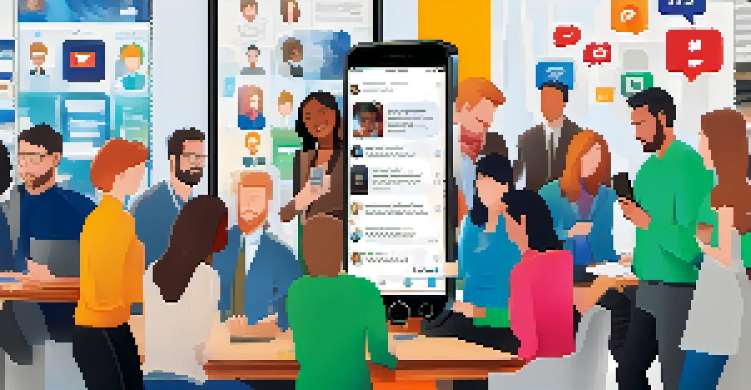A smartphone displaying a social media feed with professional networking posts and interactions.