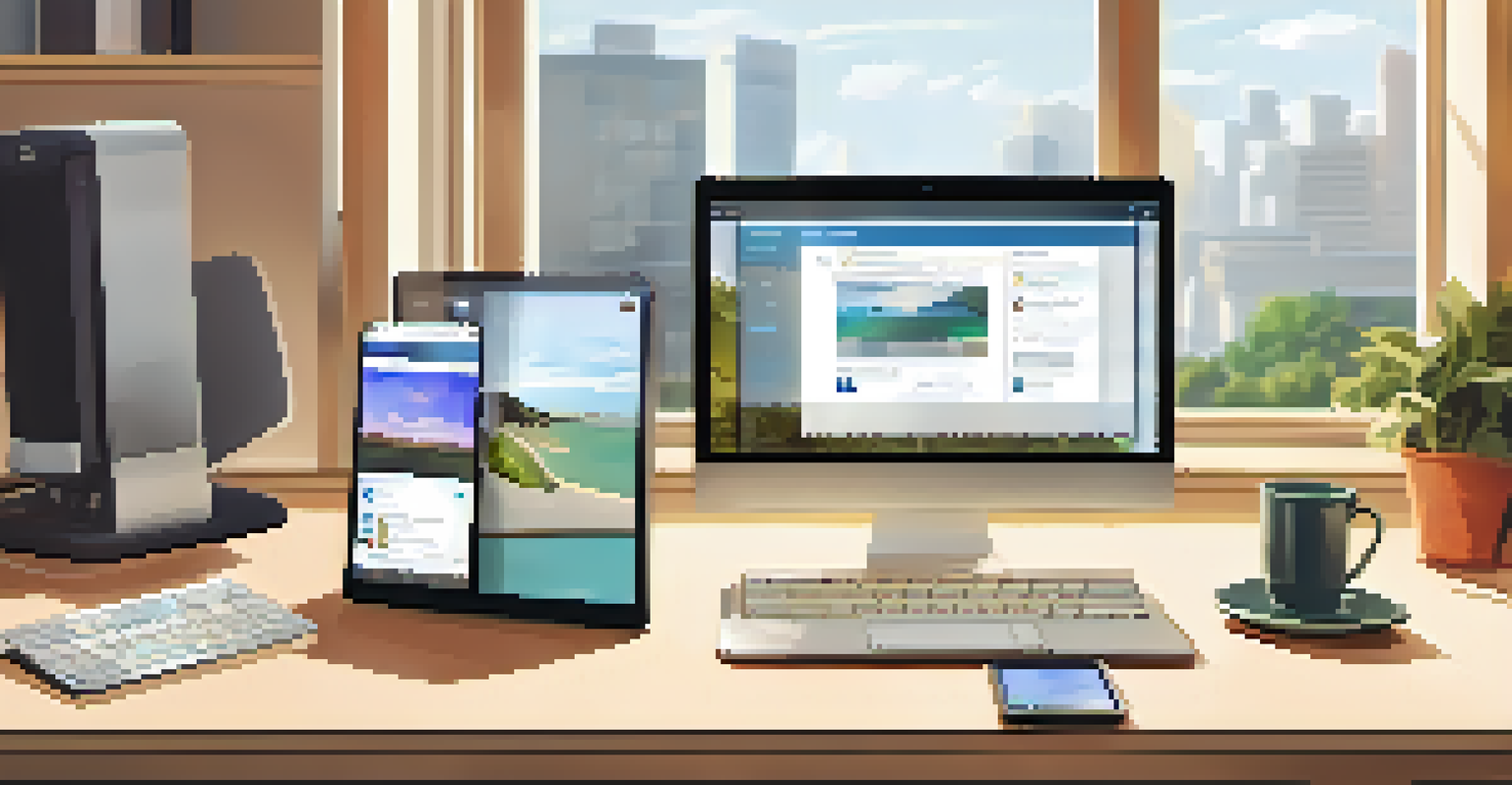 A desk with a smartphone, tablet, and laptop displaying various digital communication tools, illuminated by natural light from a window.
