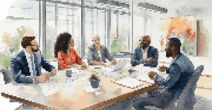 A diverse group of employees in a modern office, engaged in a collaborative discussion around a conference table.