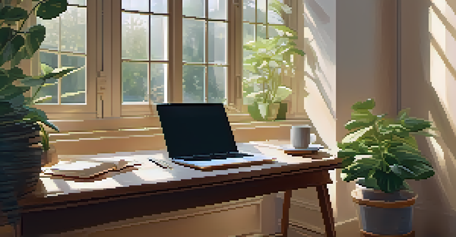 A bright office space with a laptop, books, a notepad, and a coffee cup, illuminated by sunlight coming through a window, with a potted plant nearby.