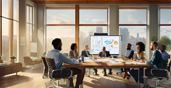 A diverse group of professionals collaborating in a bright conference room with charts on a screen.